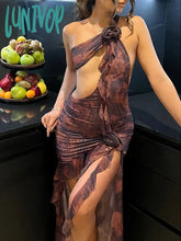 Lunivop Irregular Flowers Fringe Sexy Backless Slit Midi Dress For Women Ruched Cut Out Dresses